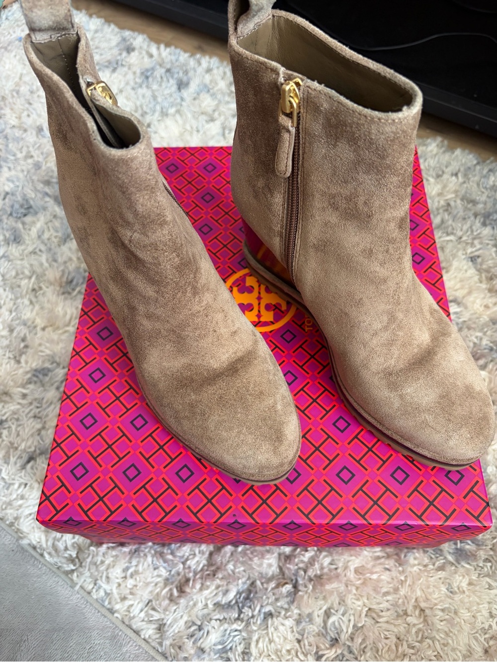 Tory Burch Taupe Suede Ankle Boots with Gold Zipper